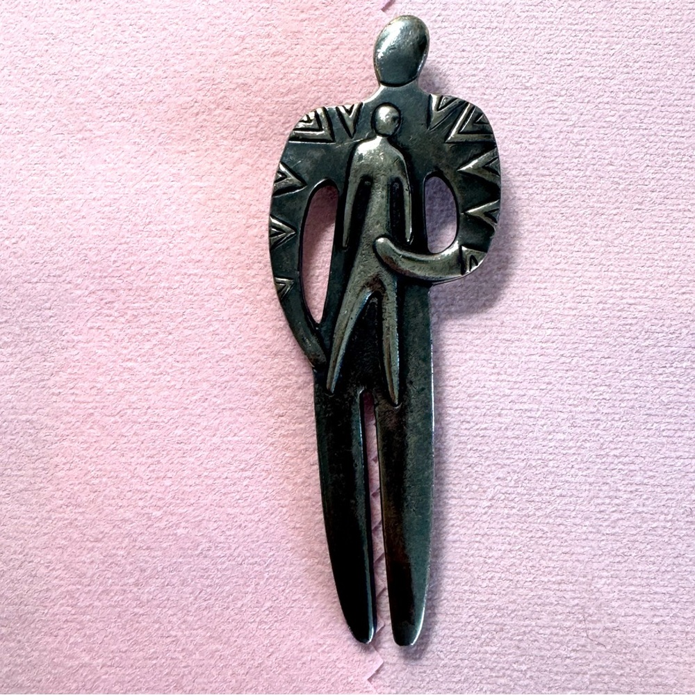 Vintage Laurel Burch Man & Child Brooch Pin Tribal Vintage Jewelry 3” Silvertone